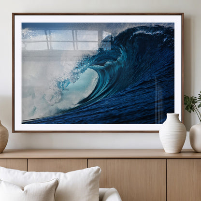 89502-MGC-FP-36x24_Walnut-Powerful Ocean Wave Wall Art – Panoramic Blue Sea Wave Canvas Print, Coastal Surf Photography Artwork for Living Room, Bedroom, or