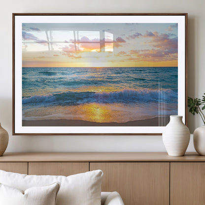 78006-MGC-FP-36x24_Walnut-Golden Sunrise Ocean Wall Art – Panoramic Beach Waves Canvas Print, Coastal Seascape Artwork for Living Room, Bedroom, Office, or