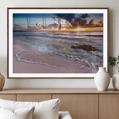 94906-MGC-FP-36x24_Walnut-Sunrise Beach Wall Art – Panoramic Ocean Waves Canvas Print, Coastal Sunset Seascape Artwork for Living Room, Bedroom, or Office