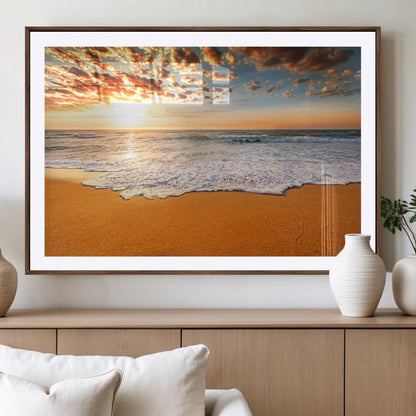 15399-MGC-FP-36x24_Walnut-Golden Sunrise Beach Wall Art – Ocean Waves on Sandy Shore Canvas Print, Coastal Seascape Decor for Living Room or Bedroom