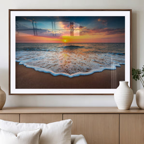 16110-MGC-FP-36x24_Walnut-Ocean Sunset Wall Art – Vibrant Beach Waves and Horizon Canvas Print, Relaxing Coastal Seascape Decor for Living Room or Bedroom