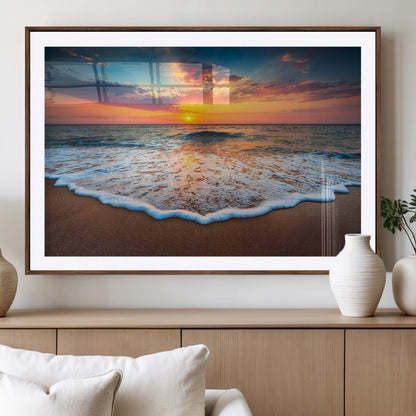 16110-MGC-FP-36x24_Walnut-Ocean Sunset Wall Art – Vibrant Beach Waves and Horizon Canvas Print, Relaxing Coastal Seascape Decor for Living Room or Bedroom