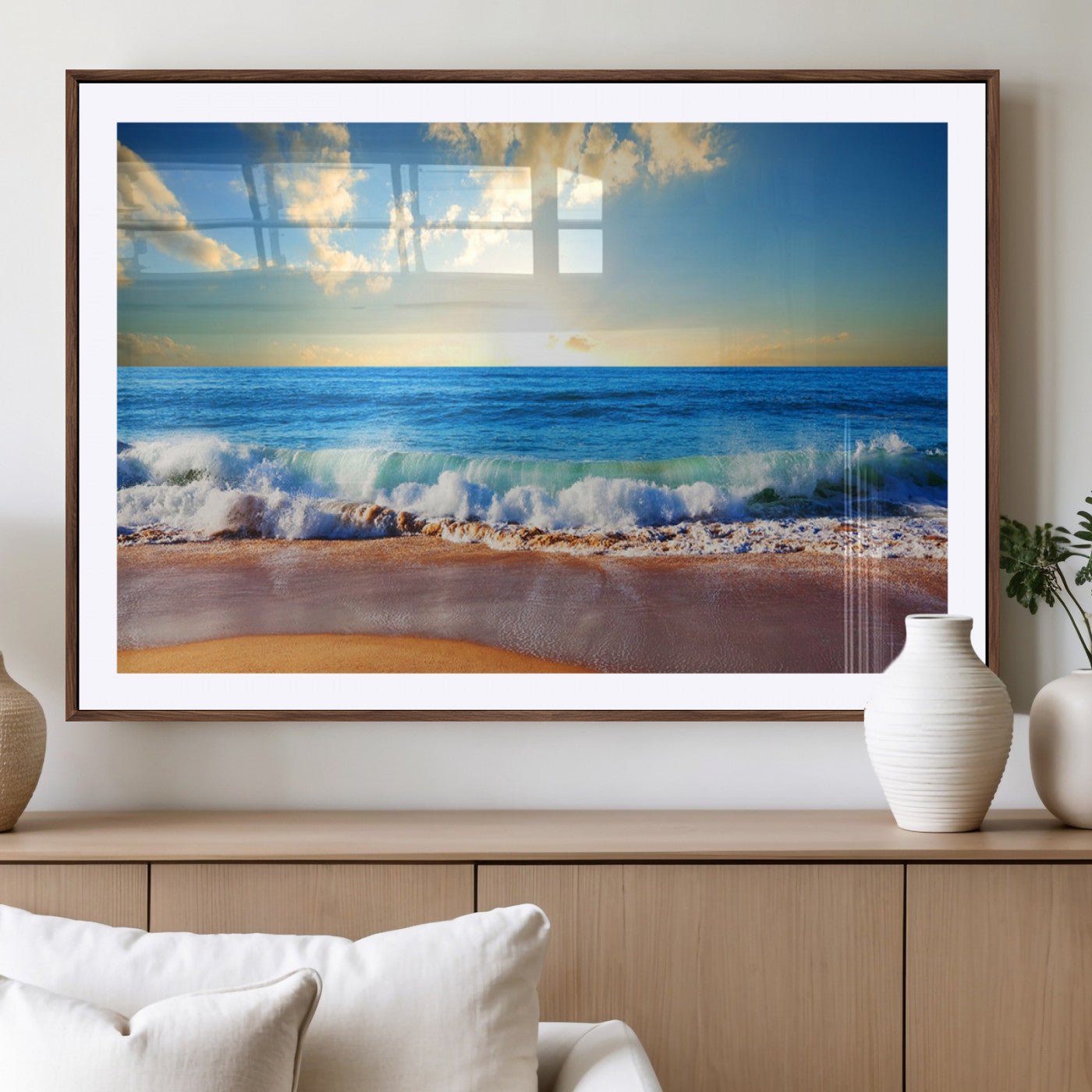 50522-MGC-FP-36x24_Walnut-Ocean Sunrise Wall Art – Peaceful Beach Waves and Golden Horizon Canvas Print, Coastal Seascape Decor for Home or Office