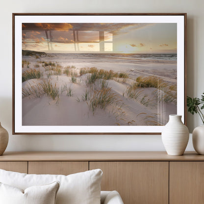 61246-MGC-FP-36x24_Walnut-Coastal Sand Dunes Wall Art – Serene Beach Sunset Canvas Print with Grasses and Ocean View, Tranquil Seaside Decor for Living Room