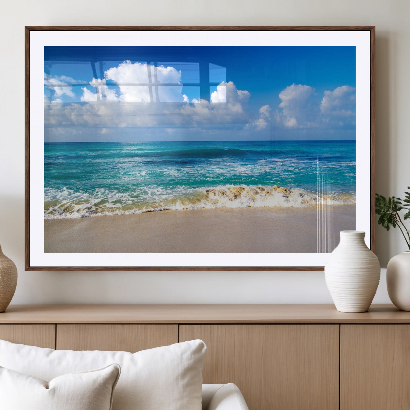 60364-MGC-FP-36x24_Walnut-Tropical Ocean Wave Wall Art – Serene Blue Sea and White Sand Beach Canvas Print, Coastal Landscape Decor for Living Room, Bedroom