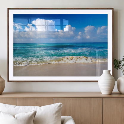 60364-MGC-FP-36x24_Walnut-Tropical Ocean Wave Wall Art – Serene Blue Sea and White Sand Beach Canvas Print, Coastal Landscape Decor for Living Room, Bedroom