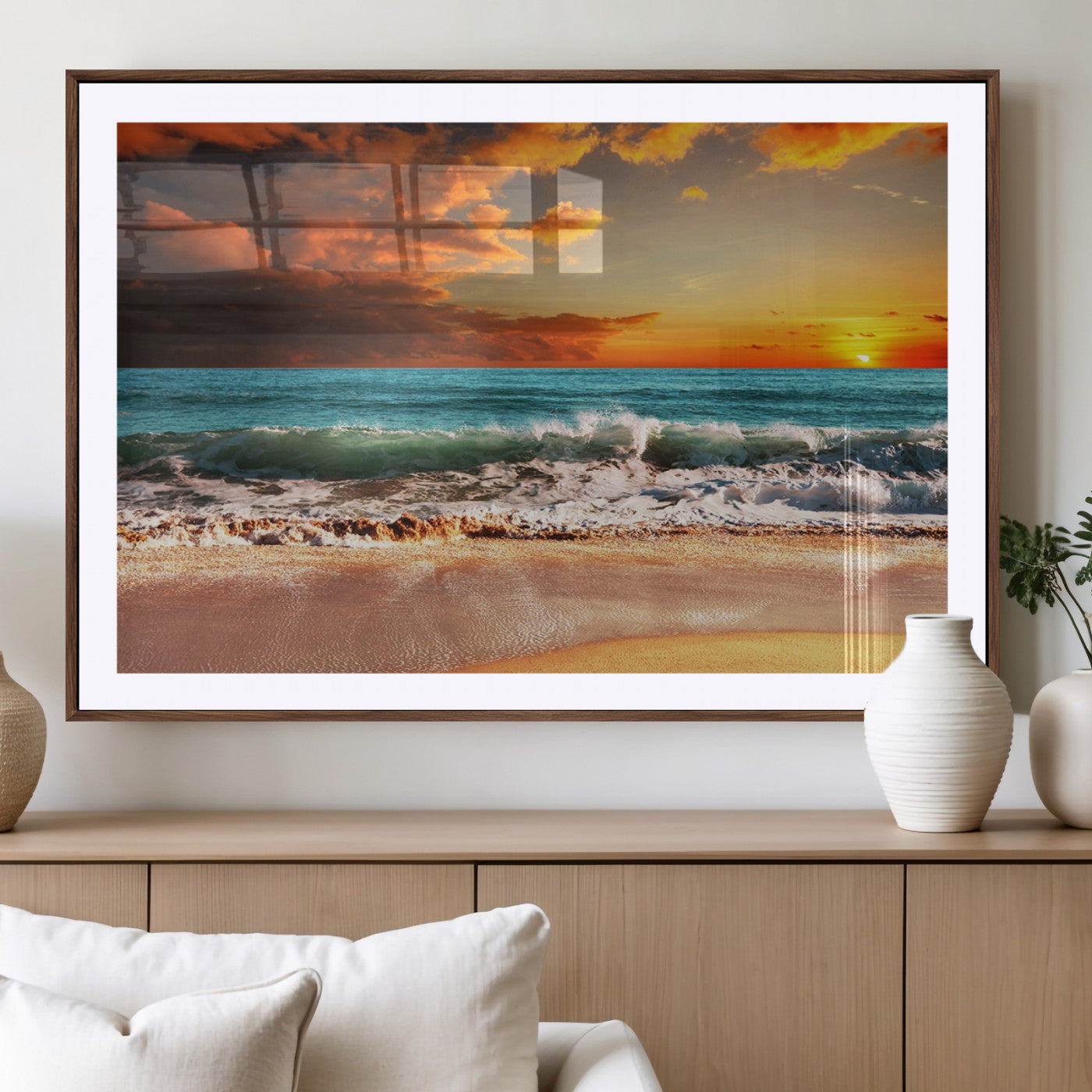 72948-MGC-FP-36x24_Walnut-Ocean Sunset Wave Wall Art – Dramatic Seascape Canvas Print with Golden Sky and Crashing Waves, Coastal Beach Decor for Living