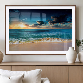 88985-MGC-FP-36x24_Walnut-Ocean Sunset Wall Art – Tranquil Beach Waves Canvas Print, Coastal Seascape Decor for Living Room or Office