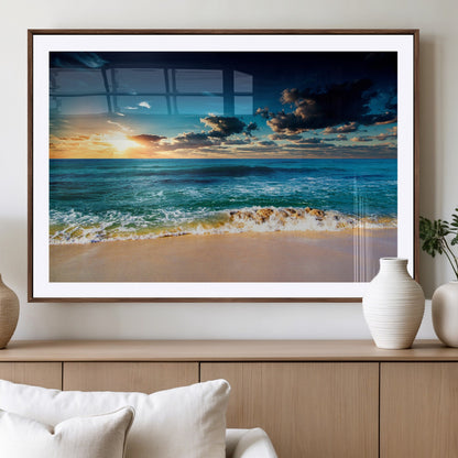 88985-MGC-FP-36x24_Walnut-Ocean Sunset Wall Art – Tranquil Beach Waves Canvas Print, Coastal Seascape Decor for Living Room or Office