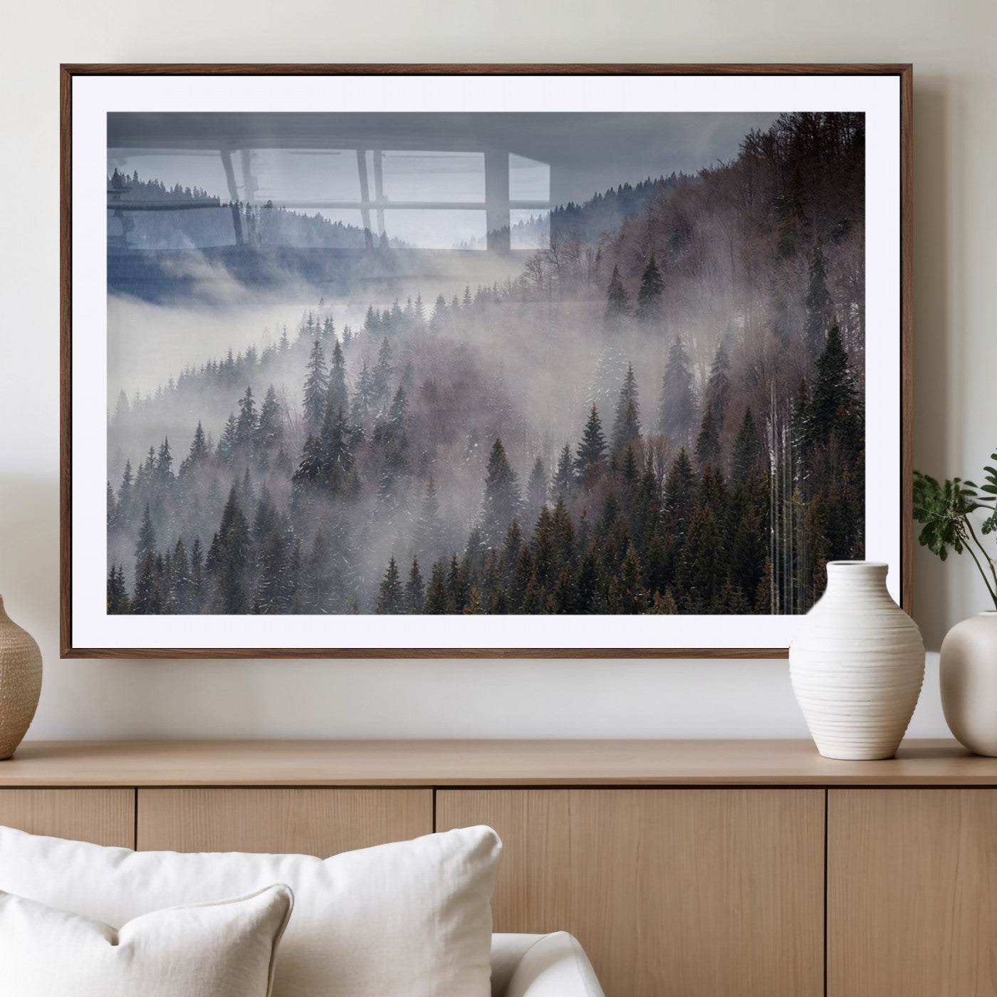 18459-MGC-FP-36x24_Walnut-Misty Pine Forest Wall Art – Serene Mountain Landscape Canvas Print, Tranquil Nature Artwork for Living Room, Bedroom, Cabin or