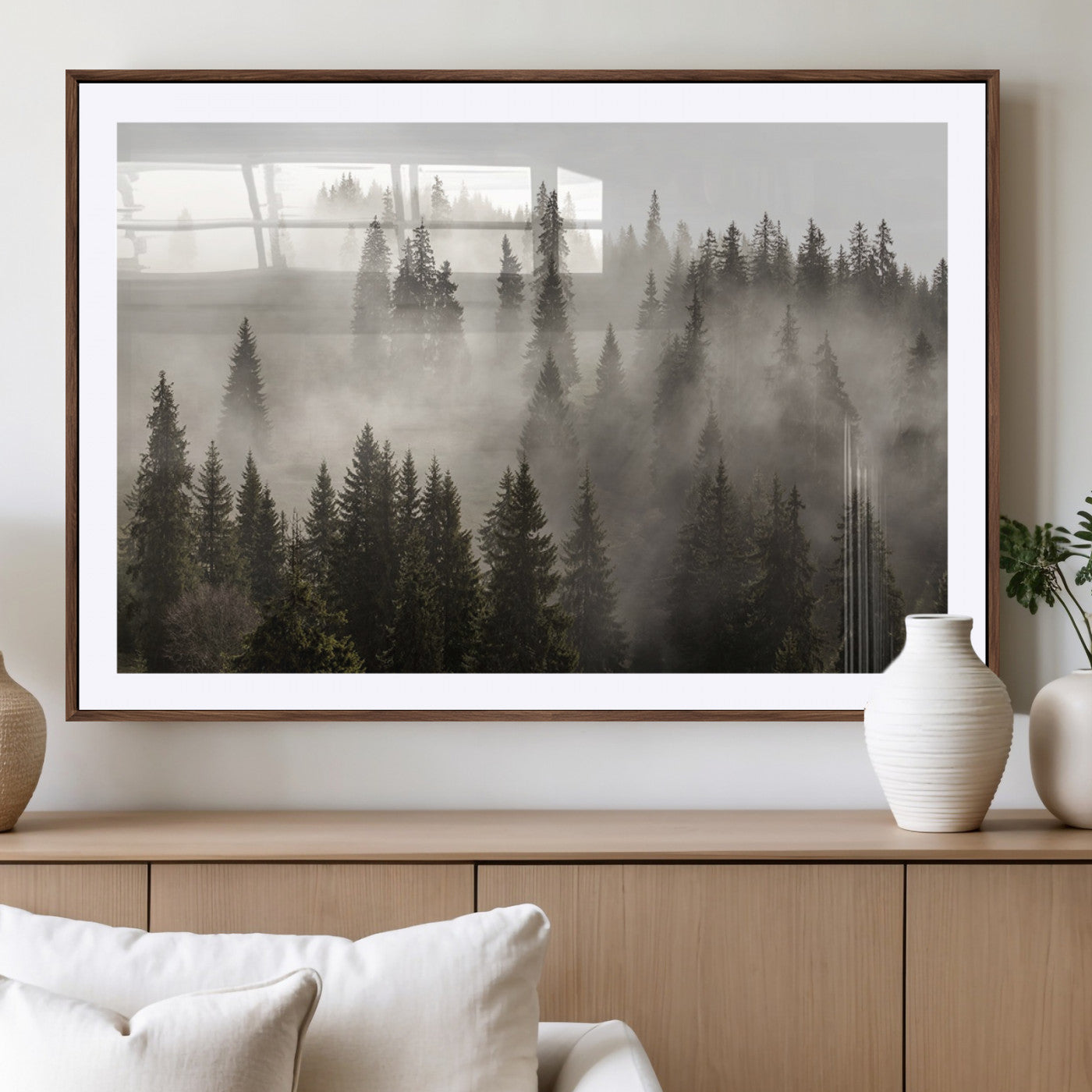 62862-MGC-FP-36x24_Walnut-Misty Forest Wall Art – Tranquil Pine Tree Canvas Print with Mountain Fog, Nature Landscape Artwork for Living Room, Bedroom, or