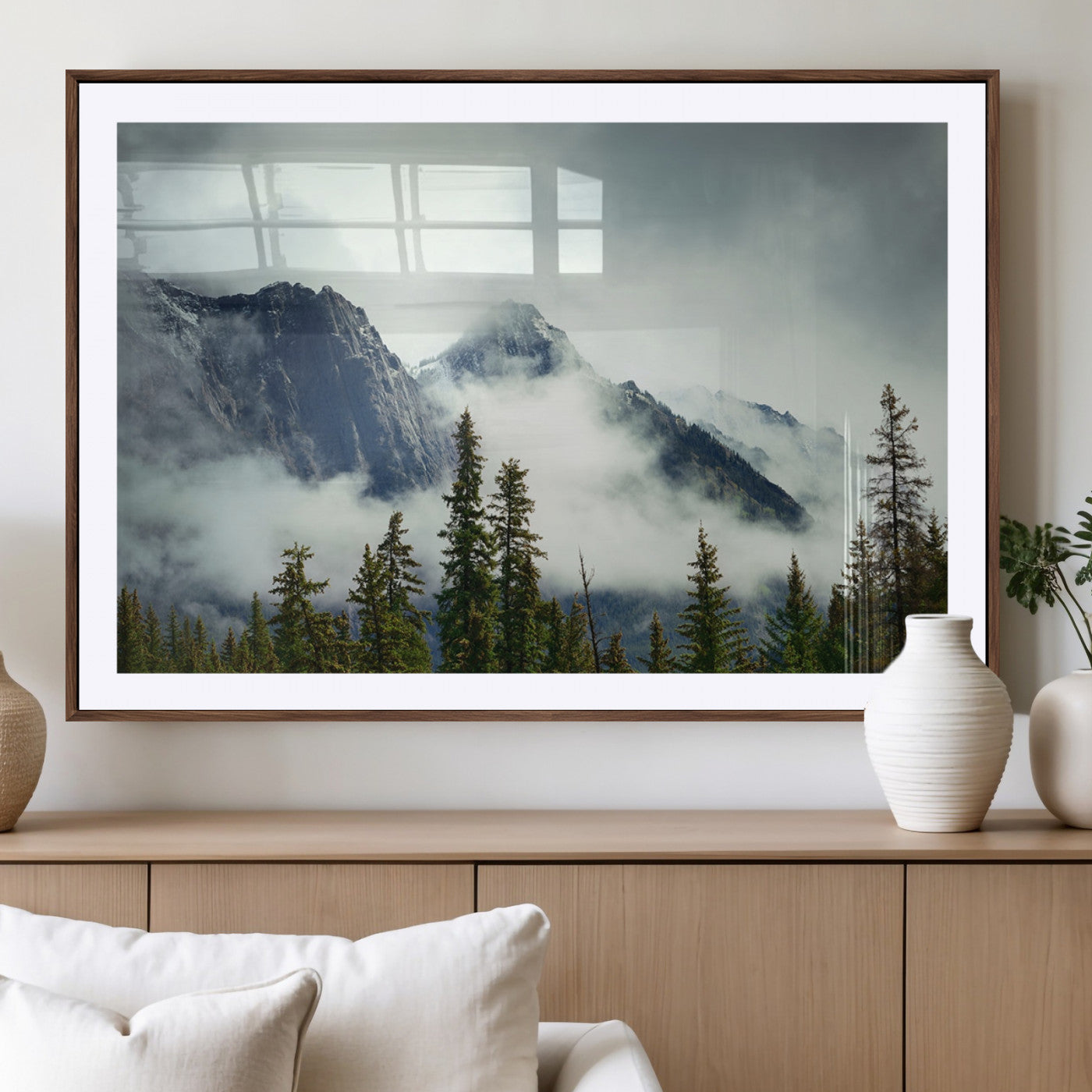 93219-MGC-FP-36x24_Walnut-Misty Mountain Wall Art – Foggy Pines and Rocky Peaks Canvas Print, Nature Landscape Decor for Living Room, Office or Bedroom
