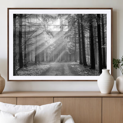 39665-MGV-CV-36X24-Black and White Forest Path Wall Art – Sunlight Rays in Trees Canvas Print, Nature Landscape Decor for Living Room or Office