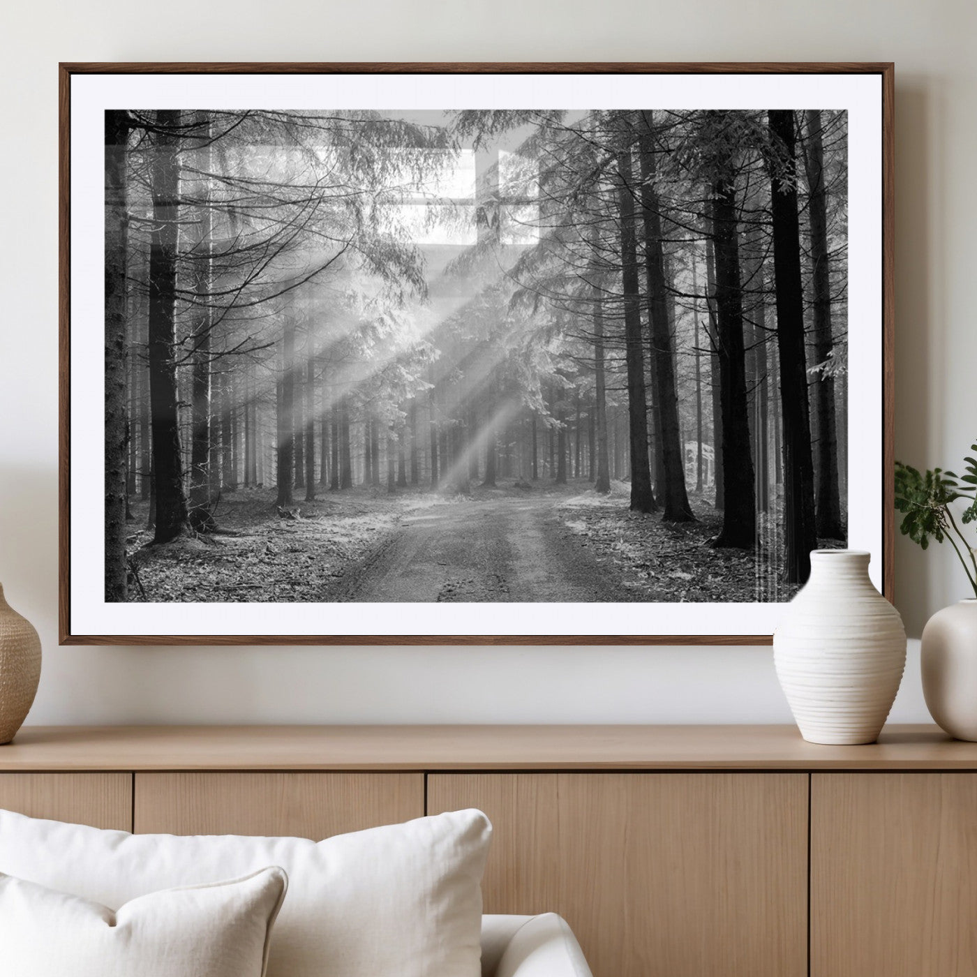 39665-MGC-FP-36x24_Walnut-Black and White Forest Path Wall Art – Sunlight Rays in Trees Canvas Print, Nature Landscape Decor for Living Room