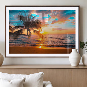 34674-MGC-FP-36x24_Walnut-Tropical Sunset Beach Wall Art – Palm Tree Ocean Canvas Print, Coastal Seascape Decor for Living Room or Office Wall