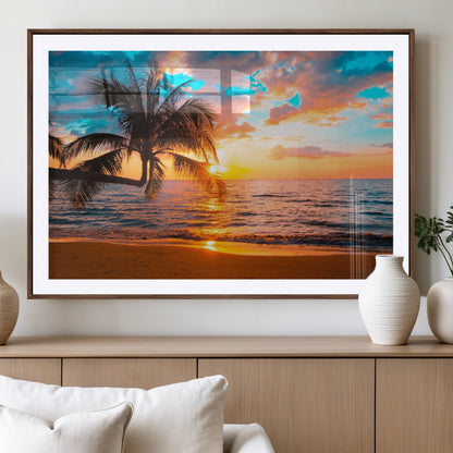 34674-MGC-FP-36x24_Walnut-Tropical Sunset Beach Wall Art – Palm Tree Ocean Canvas Print, Coastal Seascape Decor for Living Room or Office Wall