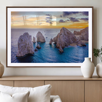 72955-MGC-FP-36x24_Walnut-Ocean Rock Formation Wall Art – Sunset Coastal Seascape Print, Beach Landscape Decor for Living Room or Office