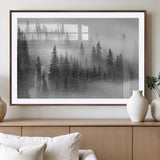 57235-MGV-CV-36X24-Misty Pine Forest Wall Art – Black and White Mountain Landscape Canvas Print, Nature Woodland Decor for Living Room, Bedroom or
