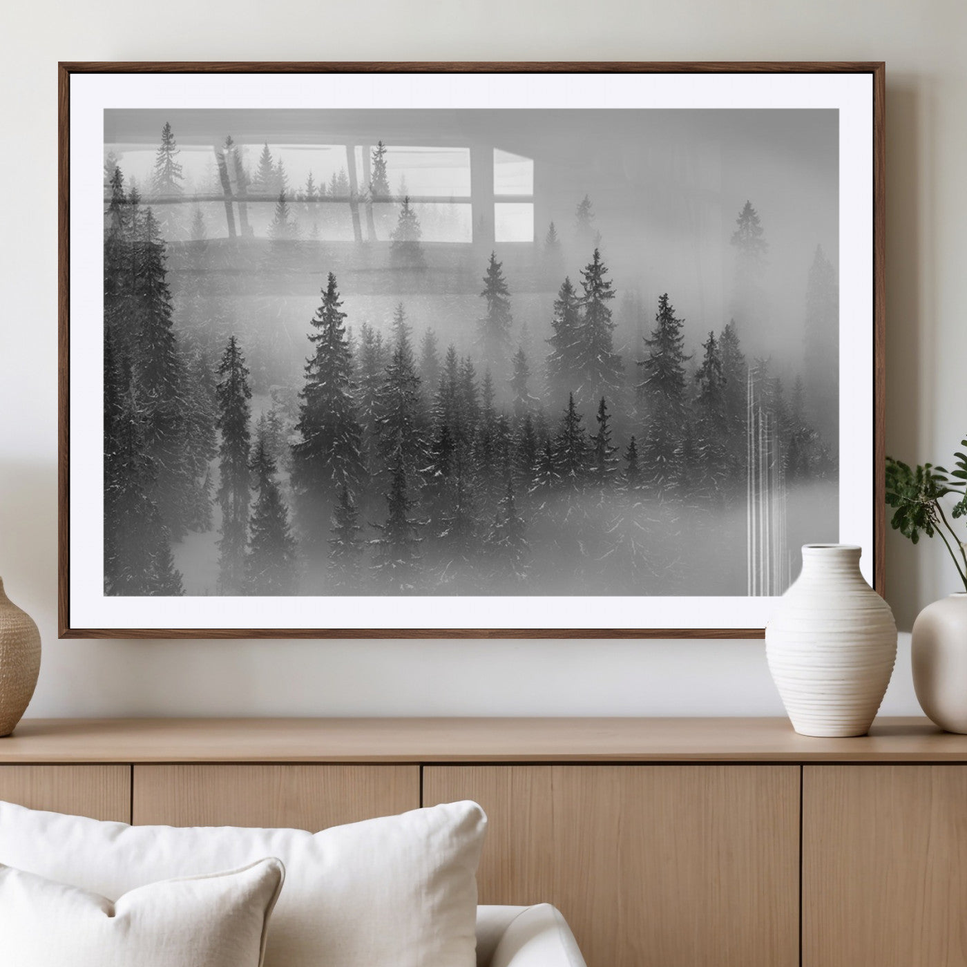 57235-MGC-FP-36x24_Walnut-Misty Pine Forest Wall Art – Black and White Mountain Landscape Canvas Print, Nature Woodland Decor for Living Room, Bedroom or