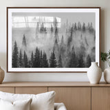 10422-MGV-CV-36X24-Misty Pine Forest Wall Art – Black and White Foggy Landscape Canvas Print, Serene Nature Woodland Decor for Bedroom, Office or