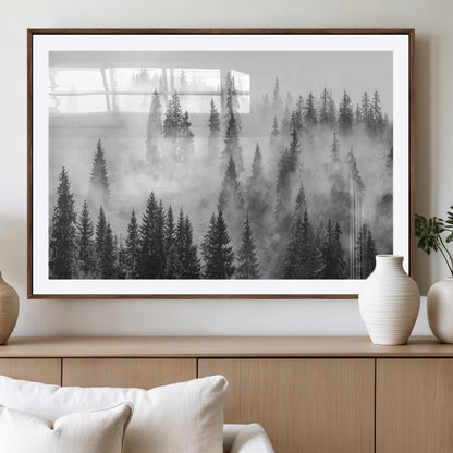 10422-MGV-CV-36X24-Misty Pine Forest Wall Art – Black and White Foggy Landscape Canvas Print, Serene Nature Woodland Decor for Bedroom, Office or