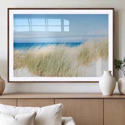 96913-MGC-FP-36x24_Walnut-Coastal Dunes Wall Art – Serene Beach Grass and Blue Ocean Canvas Print, Relaxing Seaside Nature Decor for Living Room, Bedroom or