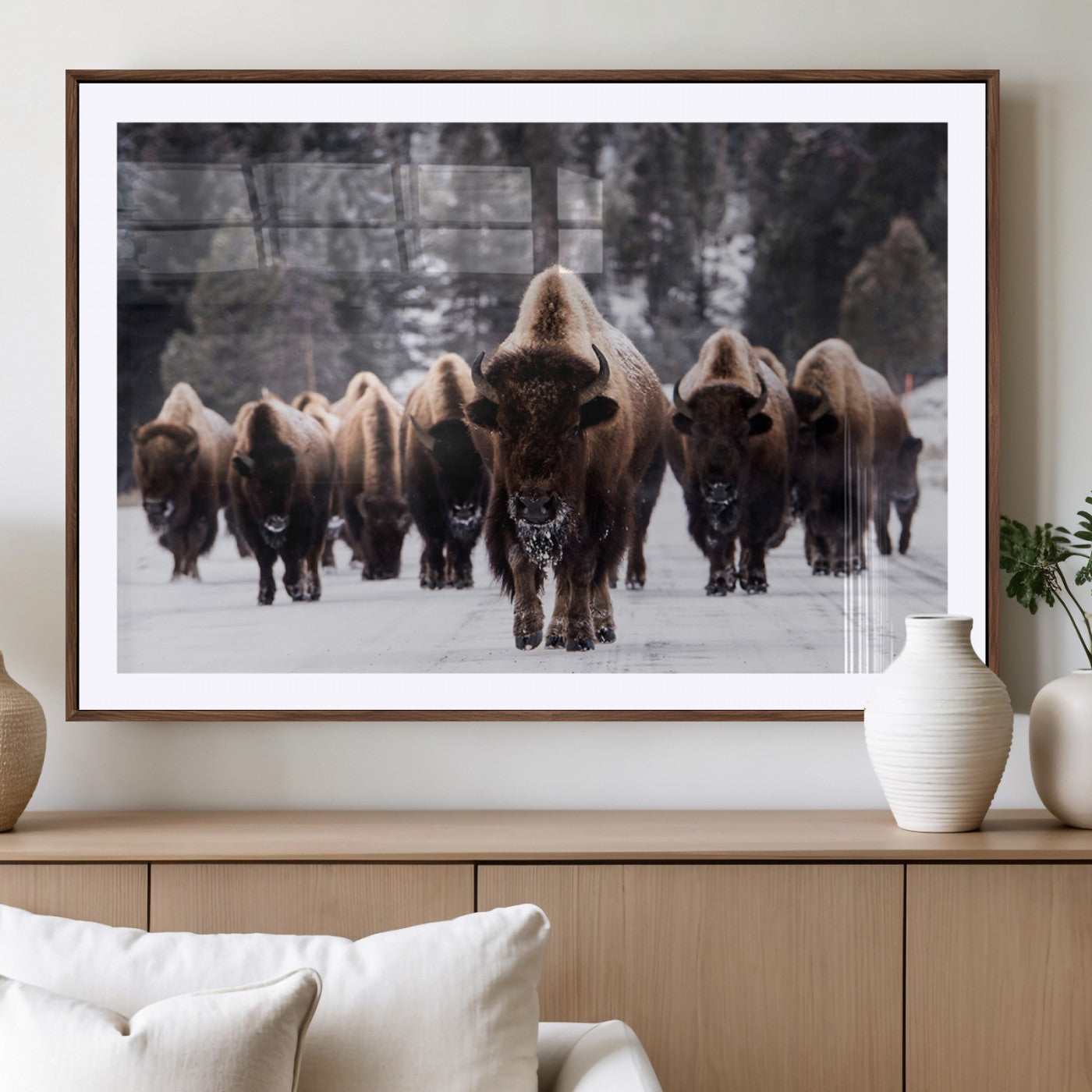 66871-MGC-FP-36x24_Walnut-Bison Herd Wall Art – Wildlife Buffalo Canvas Print, Rustic Western Nature Photography Decor for Living Room, Office, Cabin, or