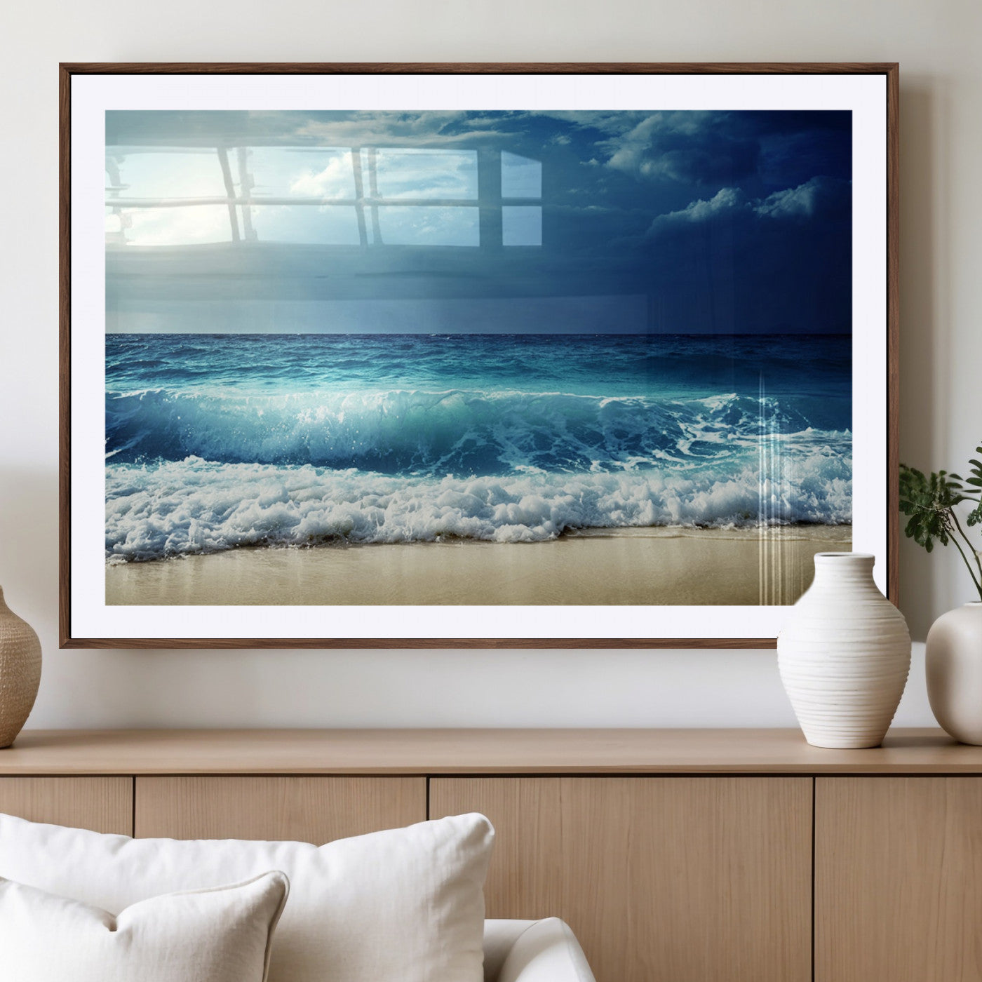 84116-MGC-FP-36x24_Walnut-Ocean Wave Wall Art – Blue Sea and Beach Canvas Print, Coastal Seascape Photography Artwork for Living Room, Bedroom, or Office