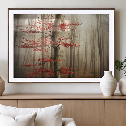 61855-MGV-CV-36X24-Misty Forest Wall Art – Red Tree with Autumn Leaves Canvas Print, Moody Woodland Nature Decor for Living Room, Bedroom, or Office