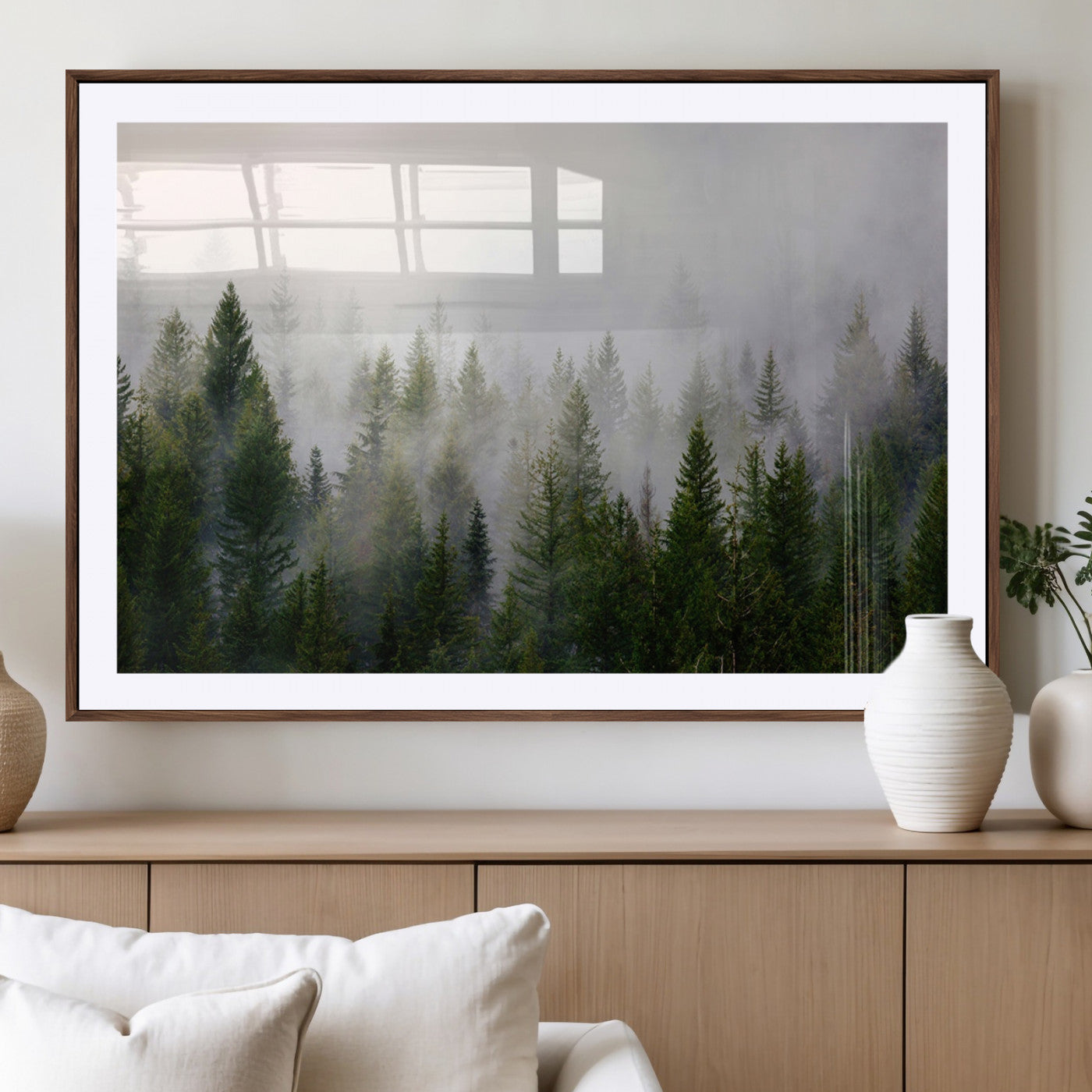 11436-MGC-FP-36x24_Walnut-Misty Forest Wall Art – Tranquil Evergreen Tree Canvas Print with Foggy Landscape, Nature Inspired Artwork for Bedroom, Living