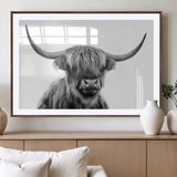 10123-MGC-FP-36x24_Walnut-Black and White Highland Cow Wall Art – Modern Farmhouse Animal Print, Rustic Scottish Bull Canvas Decor for Living Room, Bedroom,