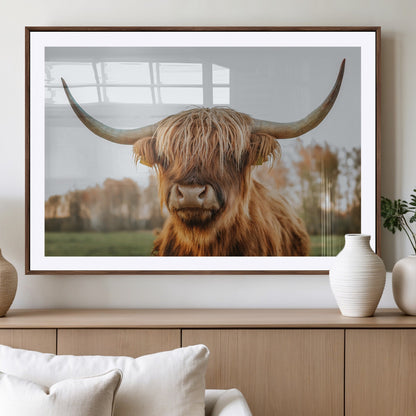64824-MGC-FP-36x24_Walnut-Highland Cow Wall Art – Rustic Scottish Bull Canvas Print, Farmhouse Animal Decor for Living Room, Bedroom, Office or Cabin