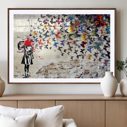 88654-MGC-FP-36x24_Walnut-Butterfly Explosion Graffiti Wall Art – Street Art Canvas Print, Colorful Butterfly Spray Mural, Modern Abstract Urban Wall Decor