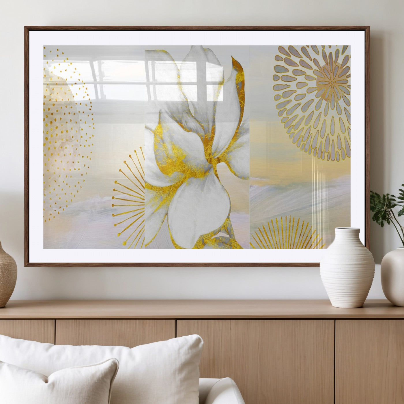 82301-MGV-CV-36X24-Modern Floral Wall Art – White Flower with Gold Detailing Canvas Print, Elegant Abstract Artwork for Living Room, Bedroom, or