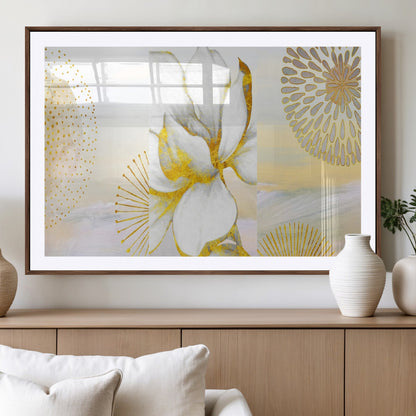 82301-MGV-CV-36X24-Modern Floral Wall Art – White Flower with Gold Detailing Canvas Print, Elegant Abstract Artwork for Living Room, Bedroom, or