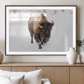 19889-MGC-FP-36x24_Walnut-Snow Bison Wall Art – Majestic Buffalo Winter Landscape Canvas Print, Rustic Wildlife Photography Decor for Cabin, Lodge, Living