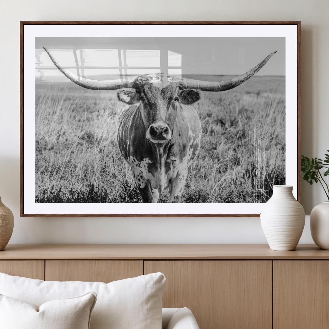 77320-MGC-FP-36x24_Walnut-Texas Longhorn Wall Art – Black and White Western Cattle Canvas Print, Rustic Farmhouse Animal Photography Decor for Living Room,