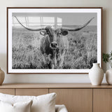77320-MGC-FP-36x24_Walnut-Texas Longhorn Wall Art – Black and White Western Cattle Canvas Print, Rustic Farmhouse Animal Photography Decor for Living Room,