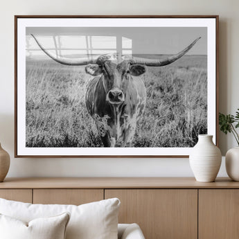 77320-MGC-FP-36x24_Walnut-Texas Longhorn Wall Art – Black and White Western Cattle Canvas Print, Rustic Farmhouse Animal Photography Decor for Living Room,