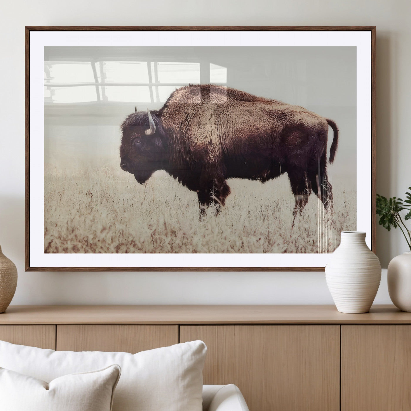 48406-MGV-CV-36X24-American Bison Wall Art – Rustic Buffalo Canvas Print in Prairie Field, Western Wildlife Photography Decor for Cabin, Lodge,