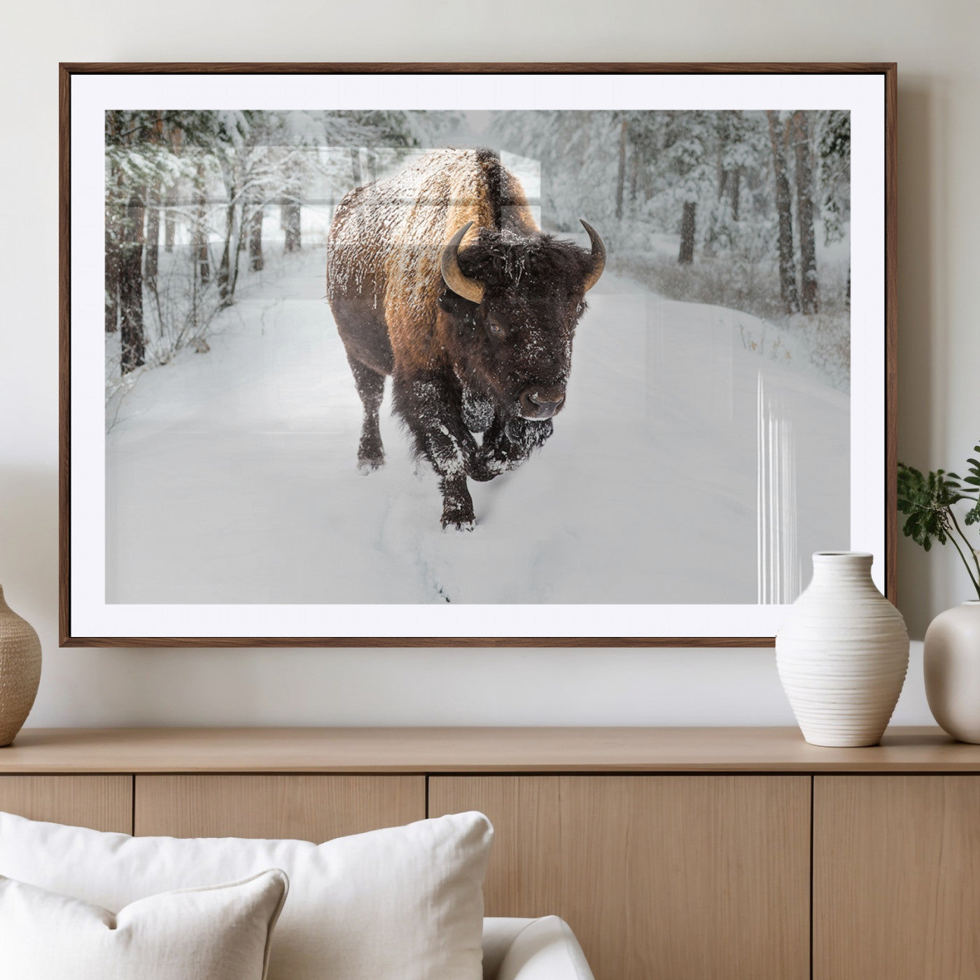 10109-MGV-CV-36X24-Majestic Bison Winter Wall Art – Snowy Forest Buffalo Canvas Print, Rustic Wildlife Photography Decor for Cabin, Lodge, Living