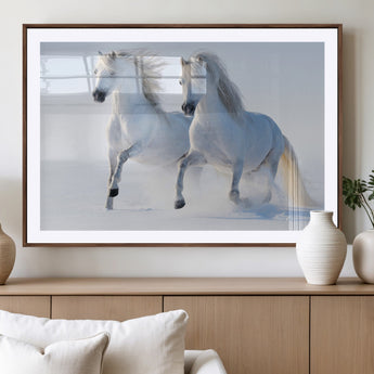 80145-MGV-CV-36X24-White Horses Running Snow Wall Art – Majestic Equine Canvas Print, Winter Nature Photography Decor for Living Room, Office,