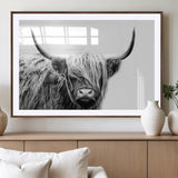 51957-MGV-CV-36X24-Highland Cow Wall Art – Black and White Scottish Highland Bull Canvas Print, Rustic Farmhouse Animal Decor for Living Room,