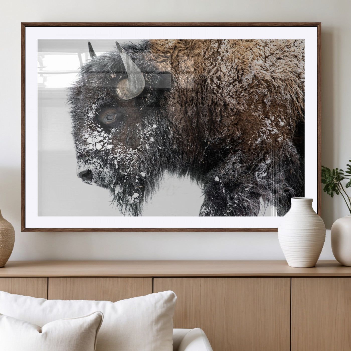 24304-MGV-CV-36X24-Bison Wall Art Canvas Print, Framed Winter Bison Art Picture Print, Snowy Buffalo Perfect Rustic Farmhouse Decor Artwork