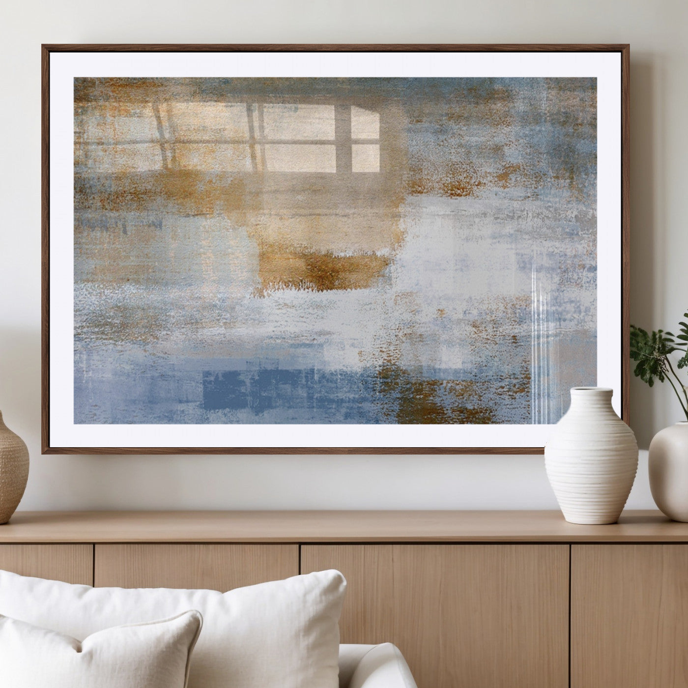 72354-MGV-CV-36X24-Blue and Gold Abstract Wall Art – Modern Minimalist Canvas Print, Textured Contemporary Painting for Living Room, Bedroom, or