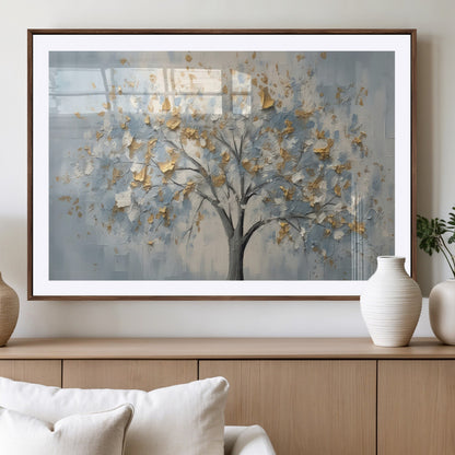 65811-MGC-FP-36x24_Walnut-Abstract Tree Wall Art – Textured Canvas Painting with Gold and White Leaves, Modern Nature Inspired Decor for Living Room or