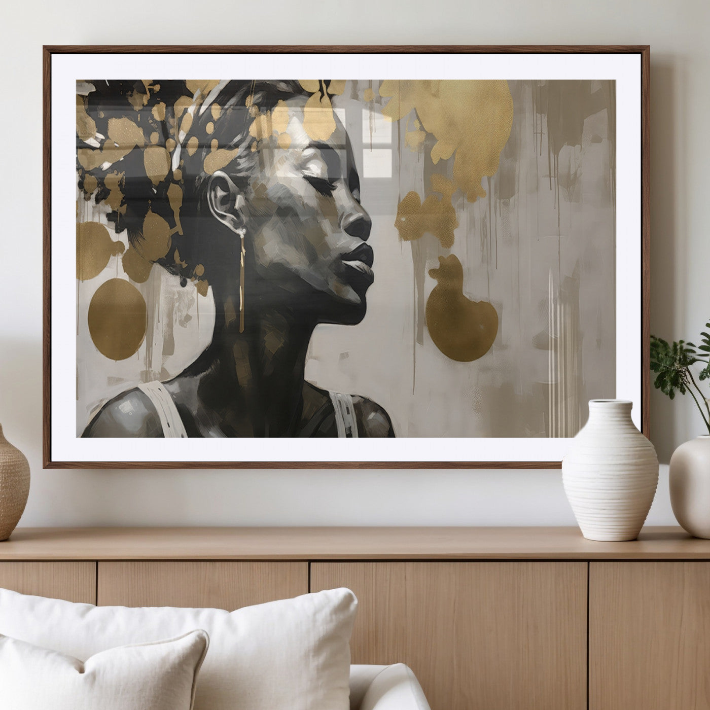 65669-MGV-CV-36X24-Elegant Black Woman Wall Art – Modern Abstract Portrait Canvas with Gold Accents, Contemporary Afrocentric Decor for Living Room