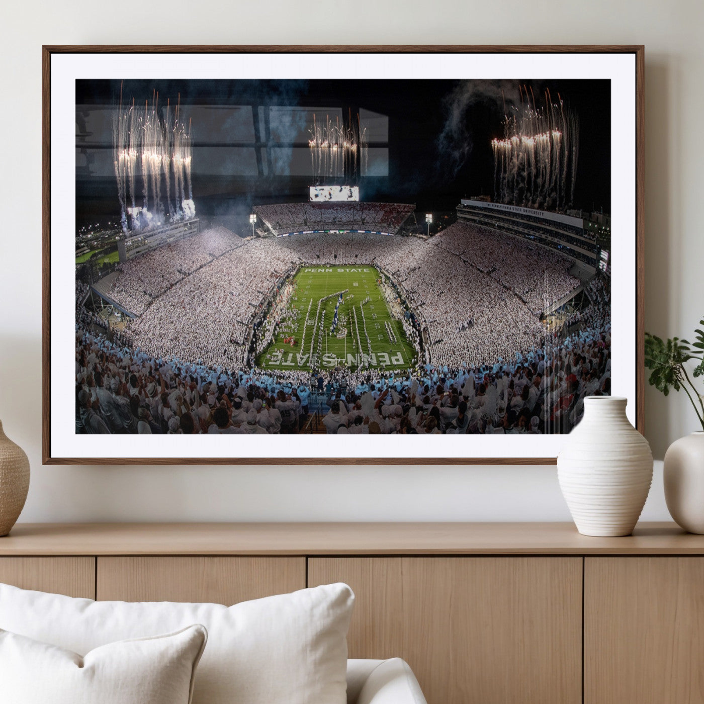 11391-MGC-FP-36x24_Walnut-Penn State Stadium Wall Art – Panoramic White Out Football Game Canvas Print, College Sports Decor for Office, Man Cave, or Living