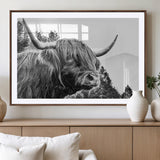 61570-MGV-CV-36X24-Highland Cow Wall Art – Black and White Scottish Bull Canvas Print, Rustic Farmhouse Animal Decor for Living Room, Bedroom, or