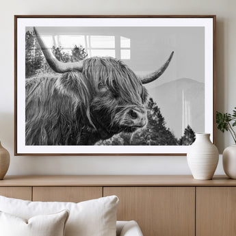 61570-MGV-CV-36X24-Highland Cow Wall Art – Black and White Scottish Bull Canvas Print, Rustic Farmhouse Animal Decor for Living Room, Bedroom, or